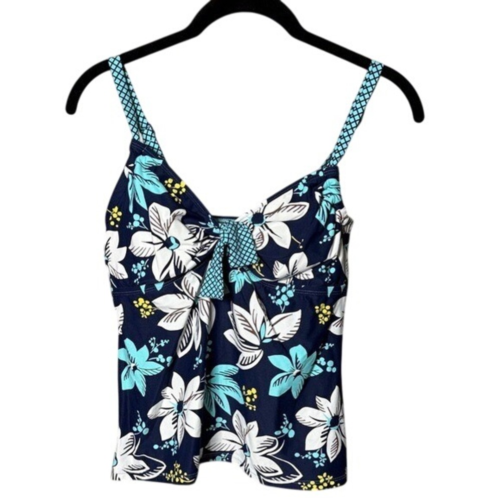 Beach House Swim Tankini Top Floral Navy Blue Aqua White Size 8